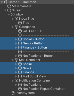 Buttons and pages selected in Unity Hierarchy.