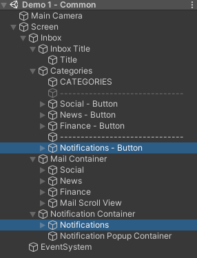 Buttons and pages selected in Unity Hierarchy.